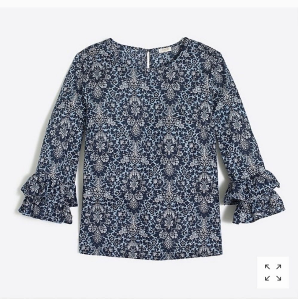 J Crew blue white floral print blouse size 2